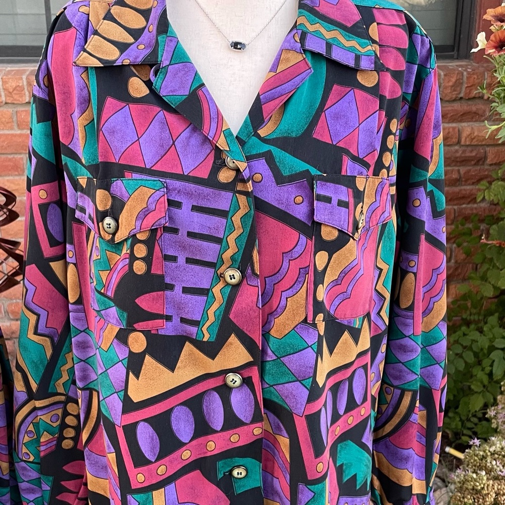 Lilli Ann Collections ~ Large~ USA Union Made  Purple/Black ~ Geometric ~ Dress - Picture 6 of 16